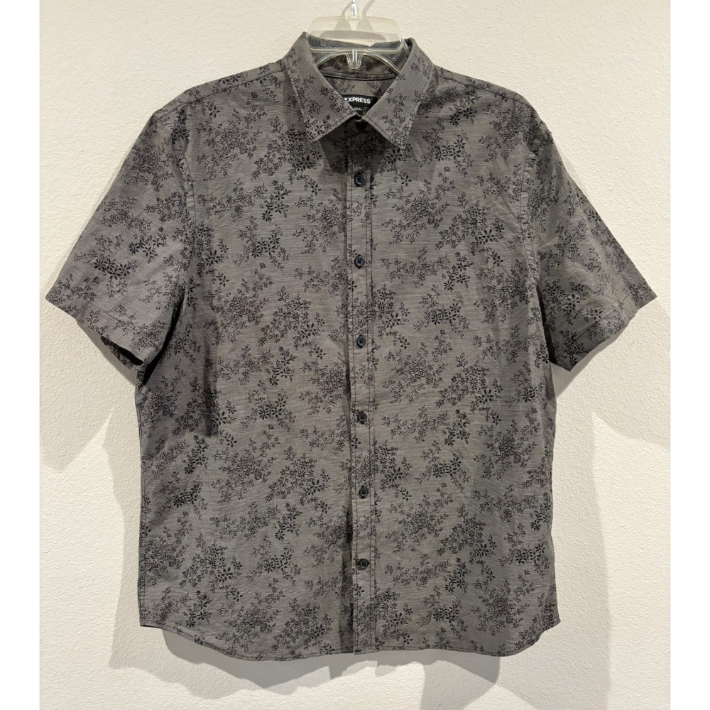 Express Mens Large Grey Black Floral Striped Short Sleeve Button Up Shirt L